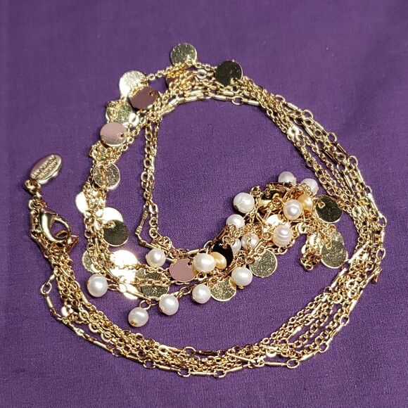 Ann Taylor Factory Signed Three Layer Necklace, Gold Tone w/Mini Baroque Pearls - Picture 4 of 12